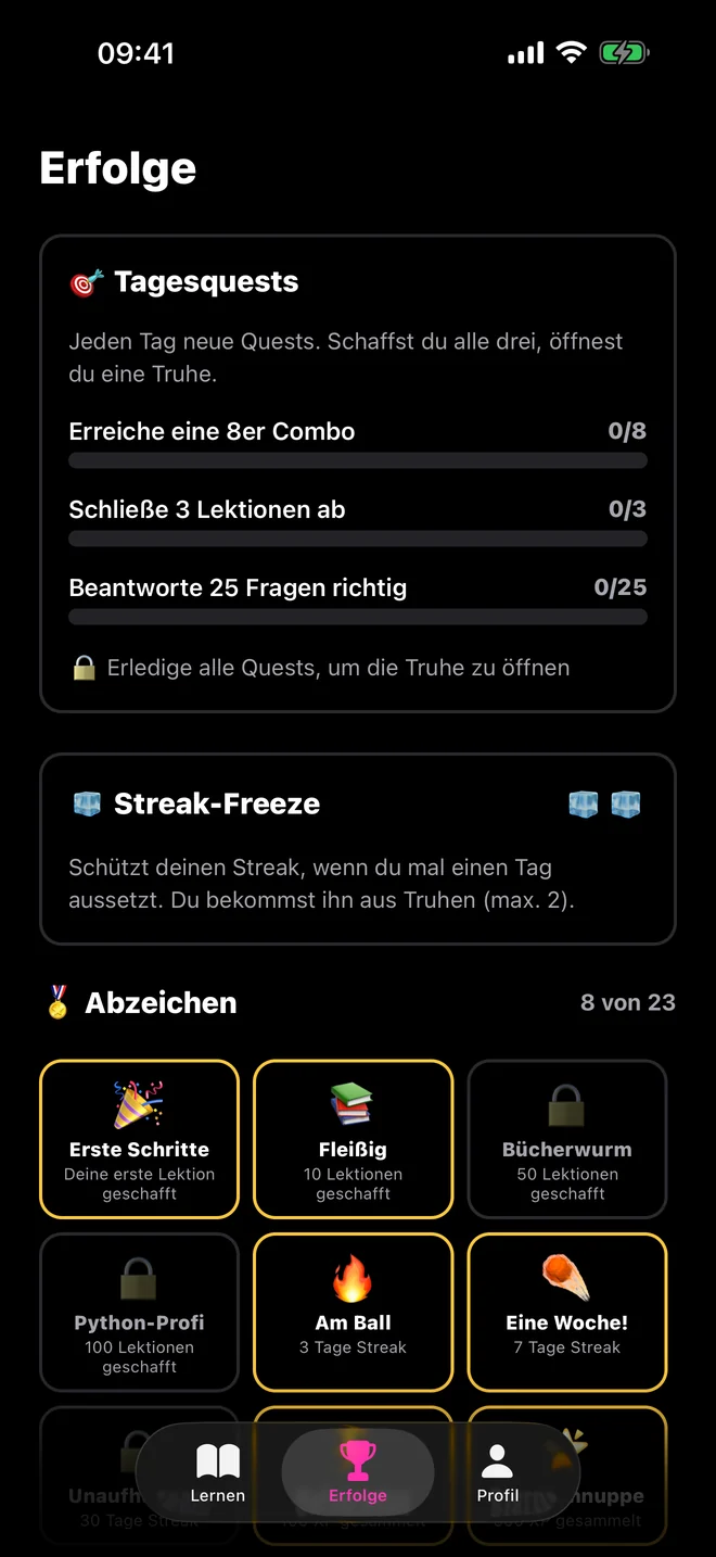 Tagesquests, Streak-Freeze und Abzeichen