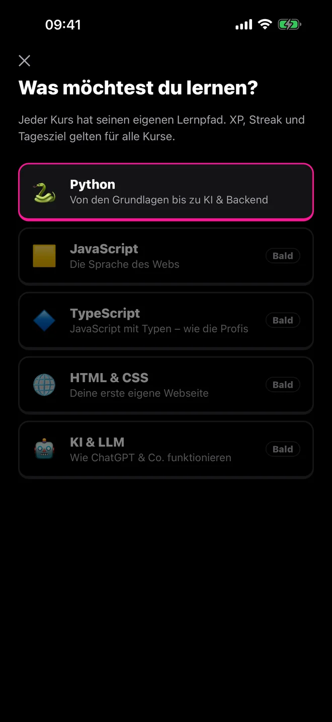 Kursauswahl in der App: Python, JavaScript, TypeScript, HTML & CSS, KI & LLM