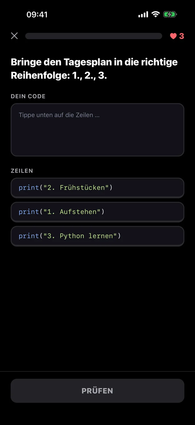 Eine Übung, in der man Code-Zeilen in die richtige Reihenfolge bringt