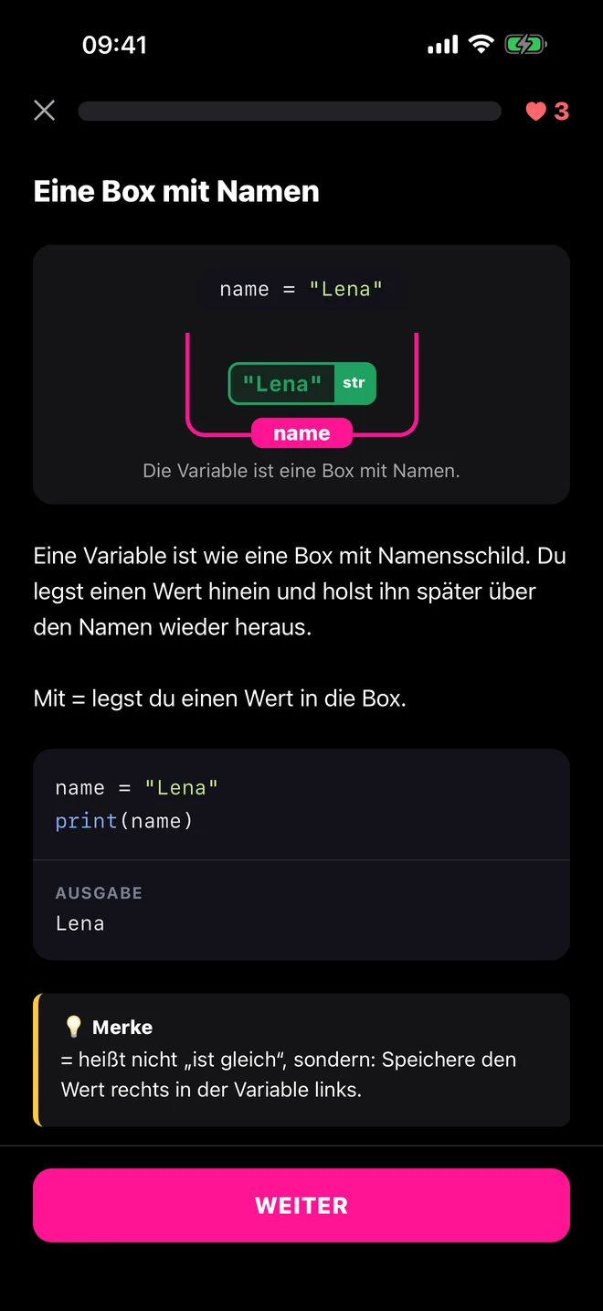 Eine Lektion zu Variablen mit Animation und Code-Beispiel