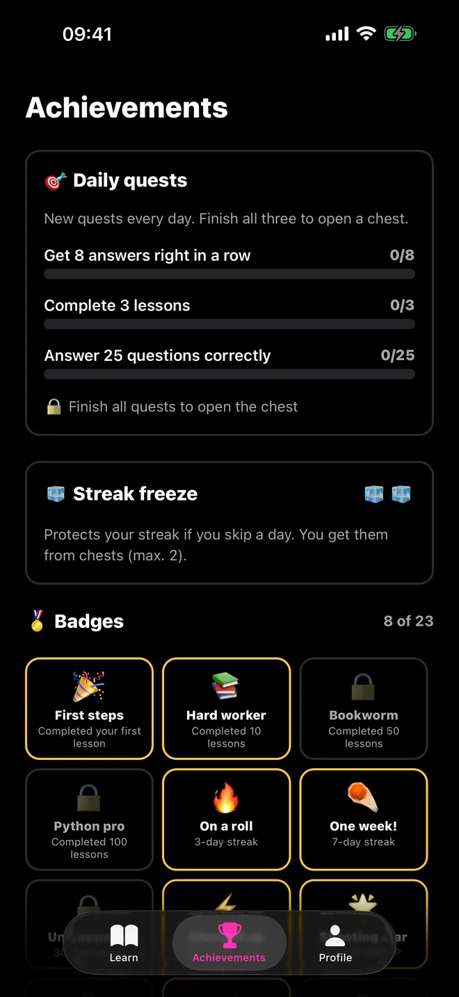 Daily quests, streak freeze and badges